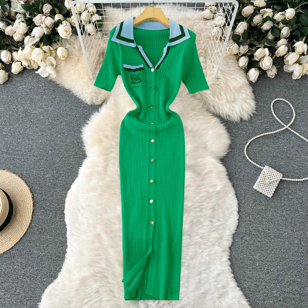 green ribbed collar dress Dark Green Ribbed Knit Collar Midi Dress