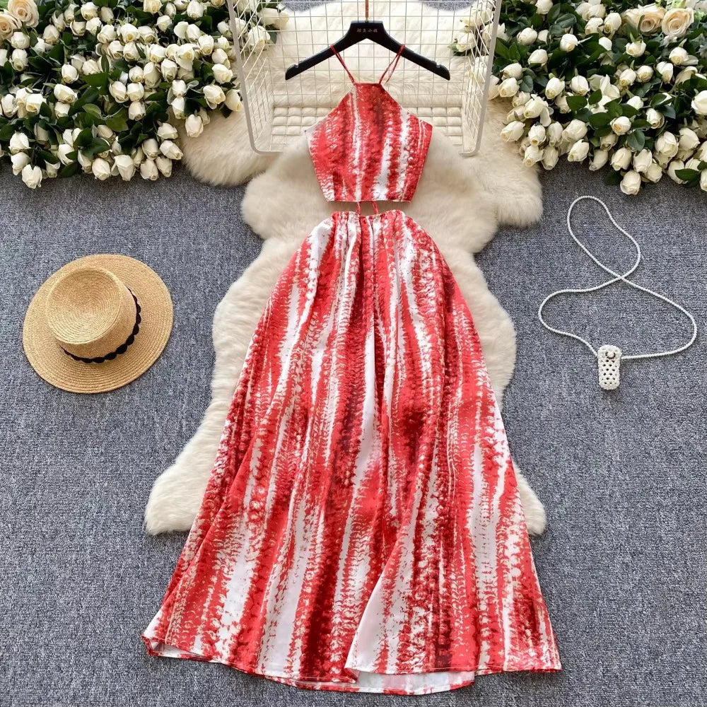 Halter Tie-dye Red Maxi Dress With Cutouts on Luulla