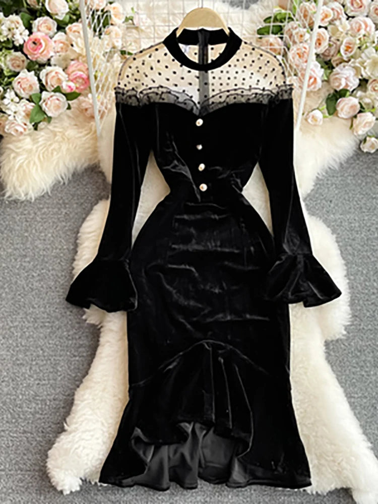 ross black dresses Gina Bacconi Black / Silver Sky Velvet Dress With Sheer Embroidered Sl main image 0