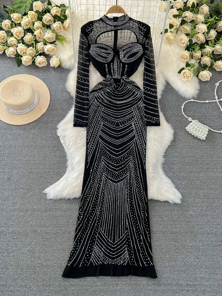 Black Beaded Long Sleeve Gown With Cutouts