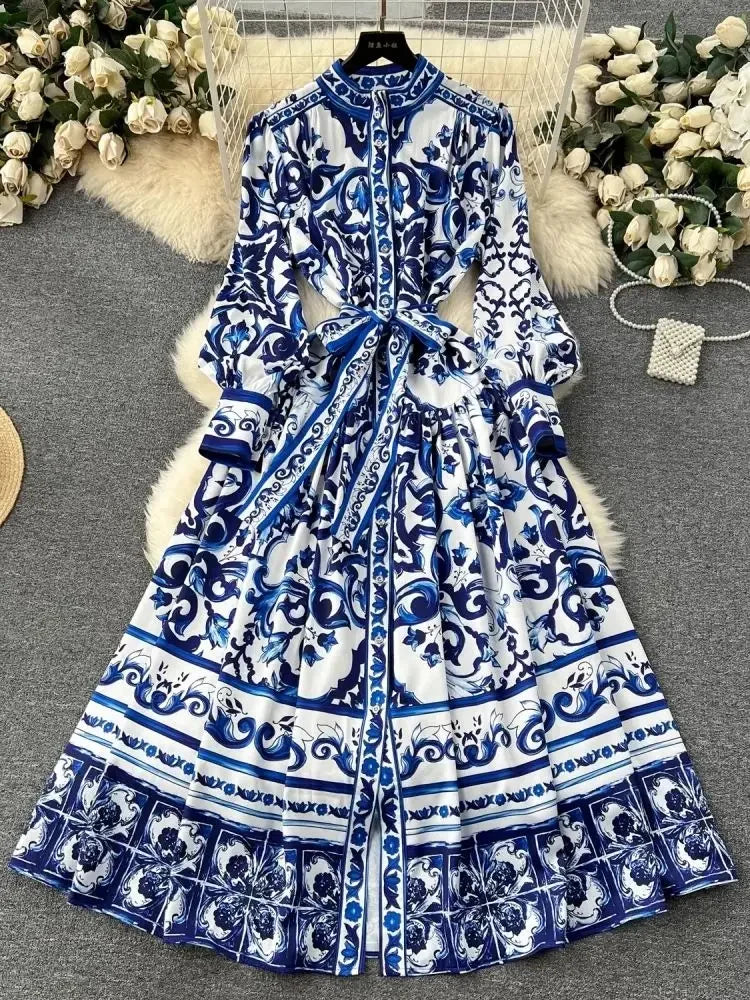 Vintage Blue Floral Long Sleeve Maxi Dress