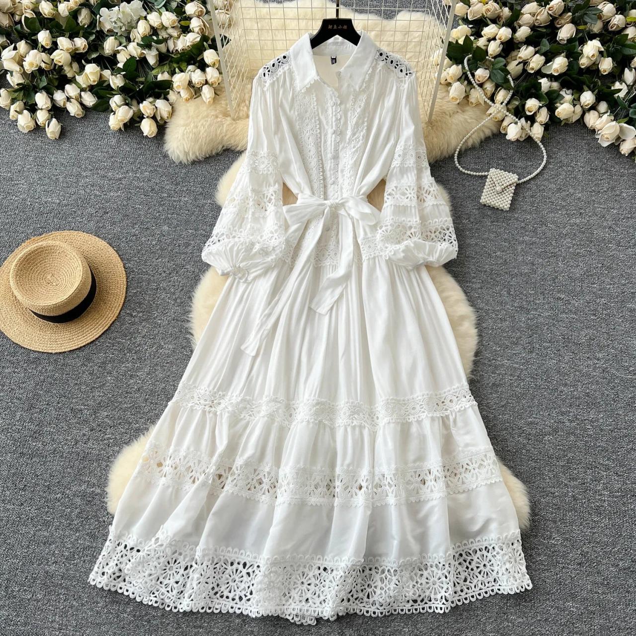 Flowing White Lace Dress With Puffy Sleeves