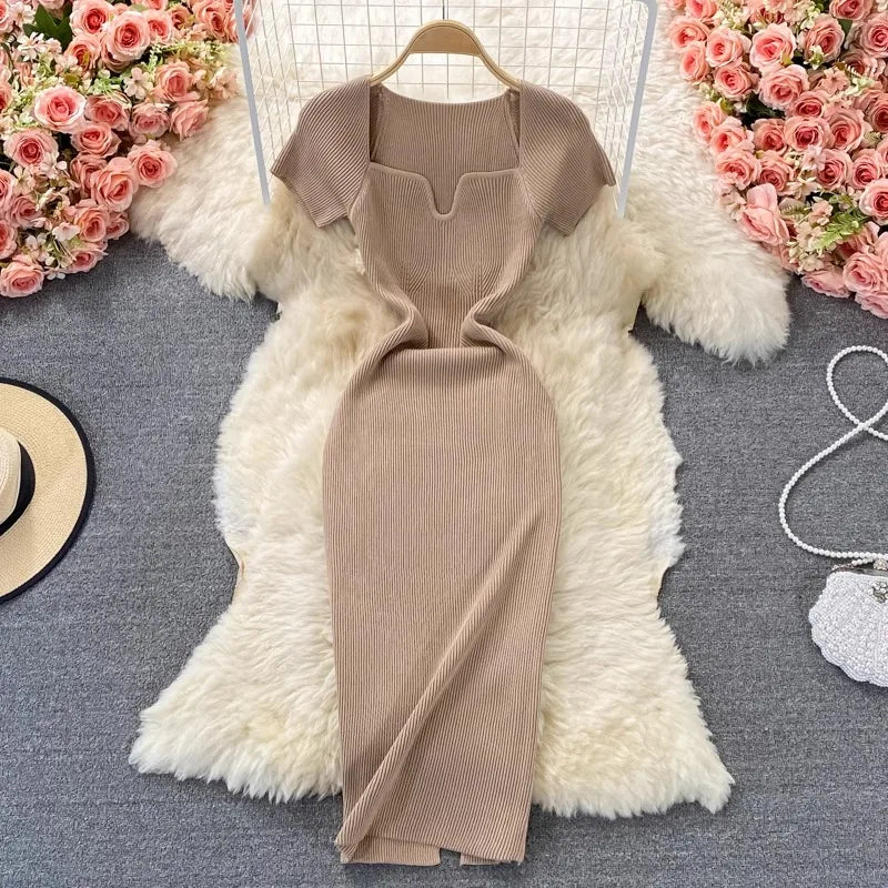 Short Sleeve Bodycon Ribbed Knit Midi Dress on Luulla