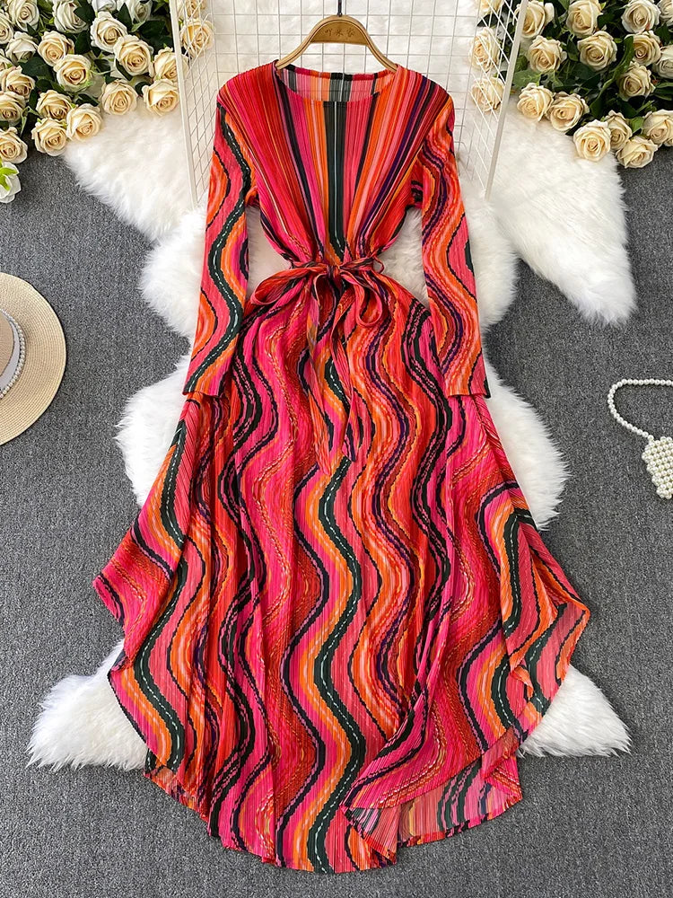 Vibrant Long Sleeve Colorful Multicolored Maxi Dress