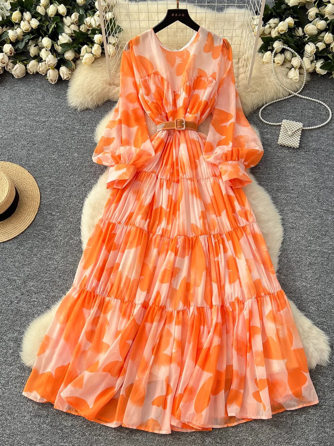 Vibrant Floral Long Maxi Dress with Belted Waist