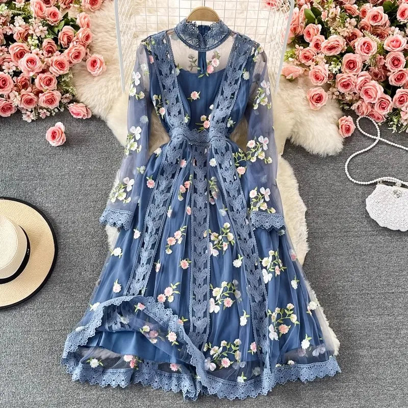 embroidered mesh dress long sleeve Shyanne Women's Embroidered Mesh Long Sleeve Button Front Mini Dress