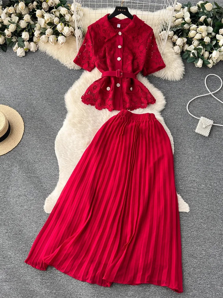 Red Lace Buttoned Top With Pleated Skirt