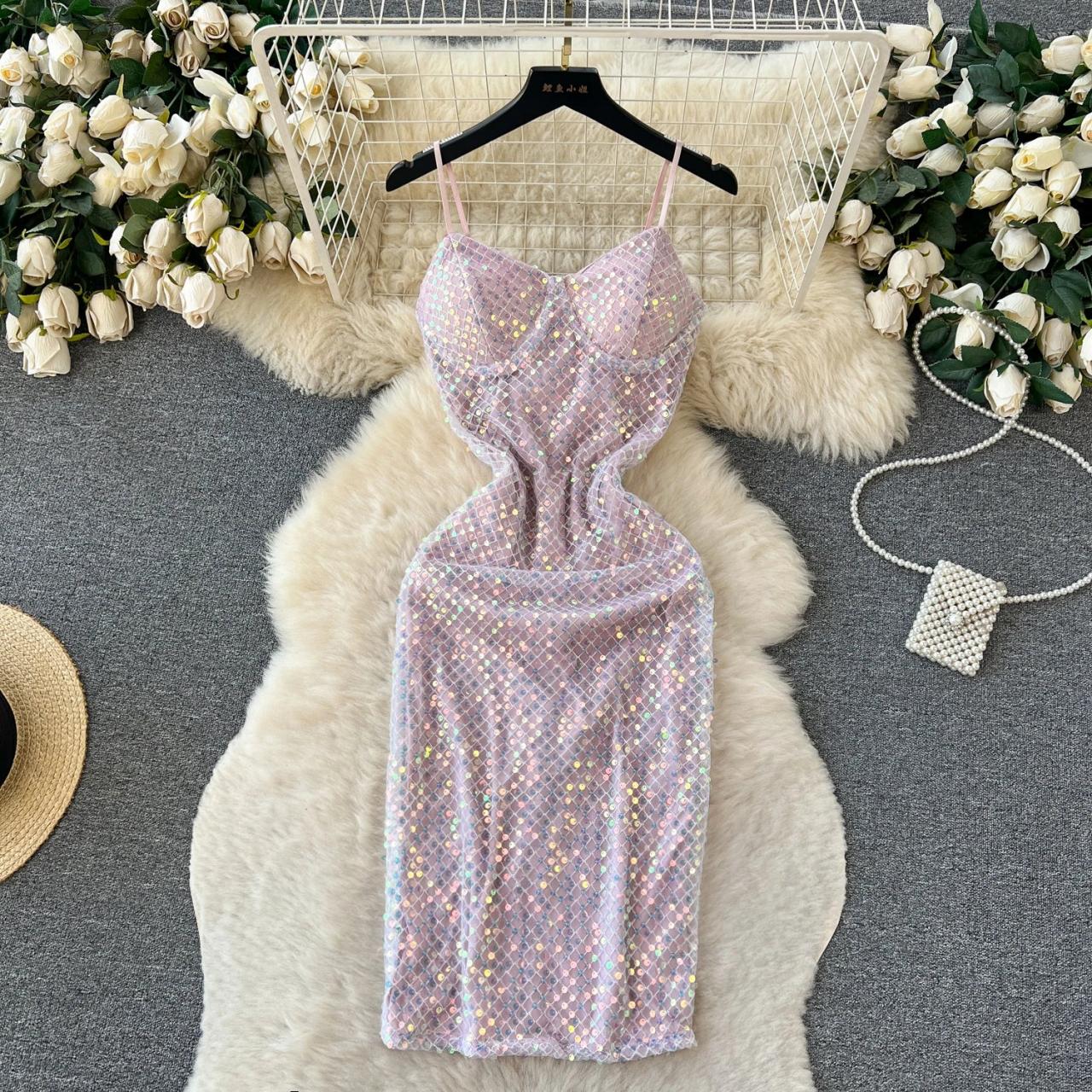 slim fit dress slacks Miss Circle Women's Raizel Gold Beaded Sequin Bodycon Gown with Scarf - Gold main image 1
