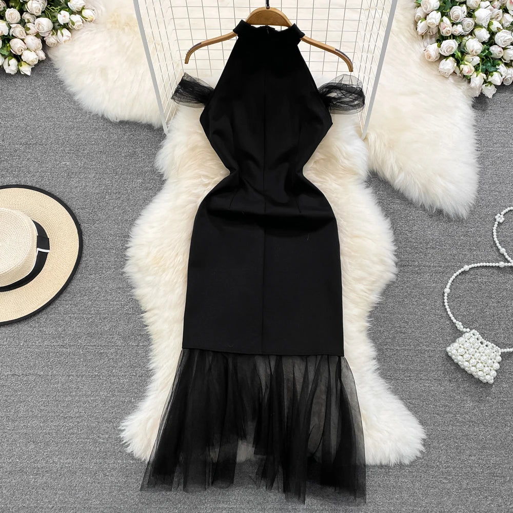 Black Halter Dress With Mesh Tulle Hem