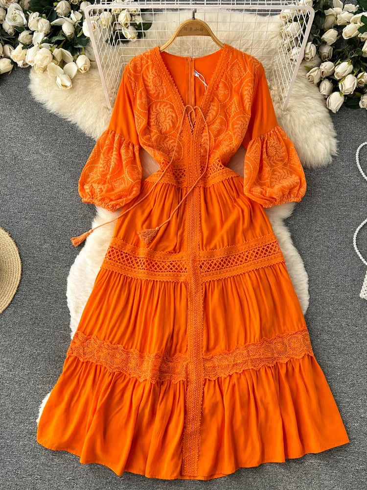 Bohemian Boho Embroidered Maxi Dress With Tassel