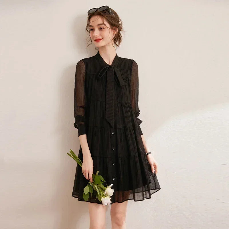 Black Sheer Long Sleeve Bowknot A-line Dress