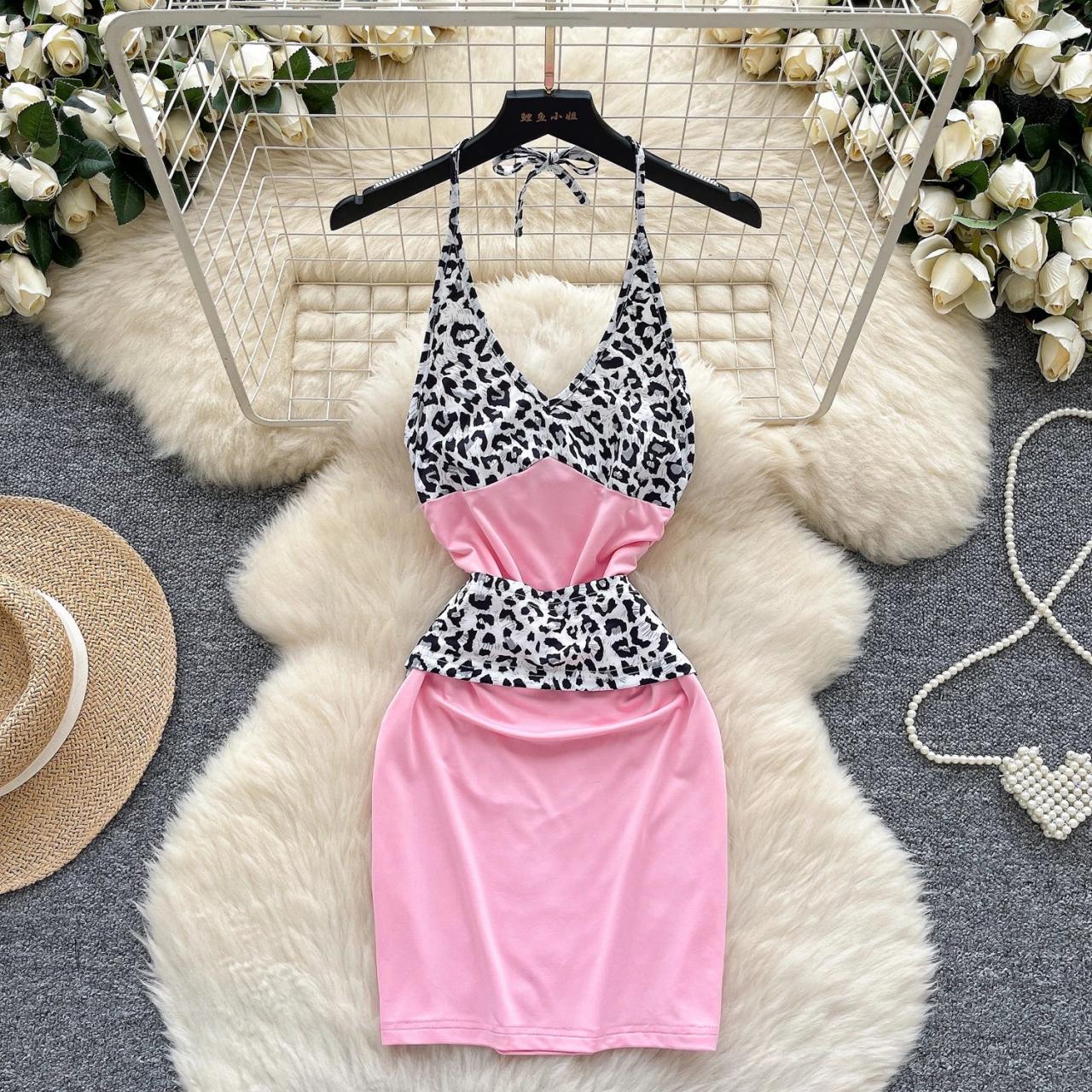 pink leopard bodycon dress Strappy Cowl Neck Flippy Hem Mini Dress In Pink Leopard Print | EGO US