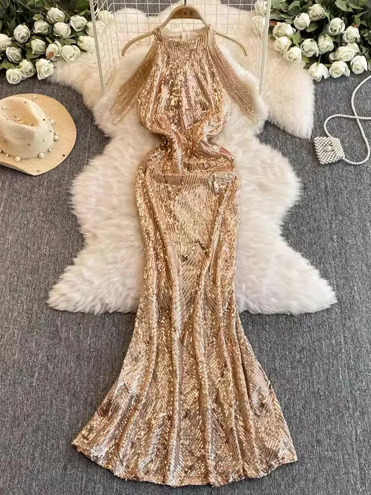 Sparkling Gold Sequin Halter Evening Gown