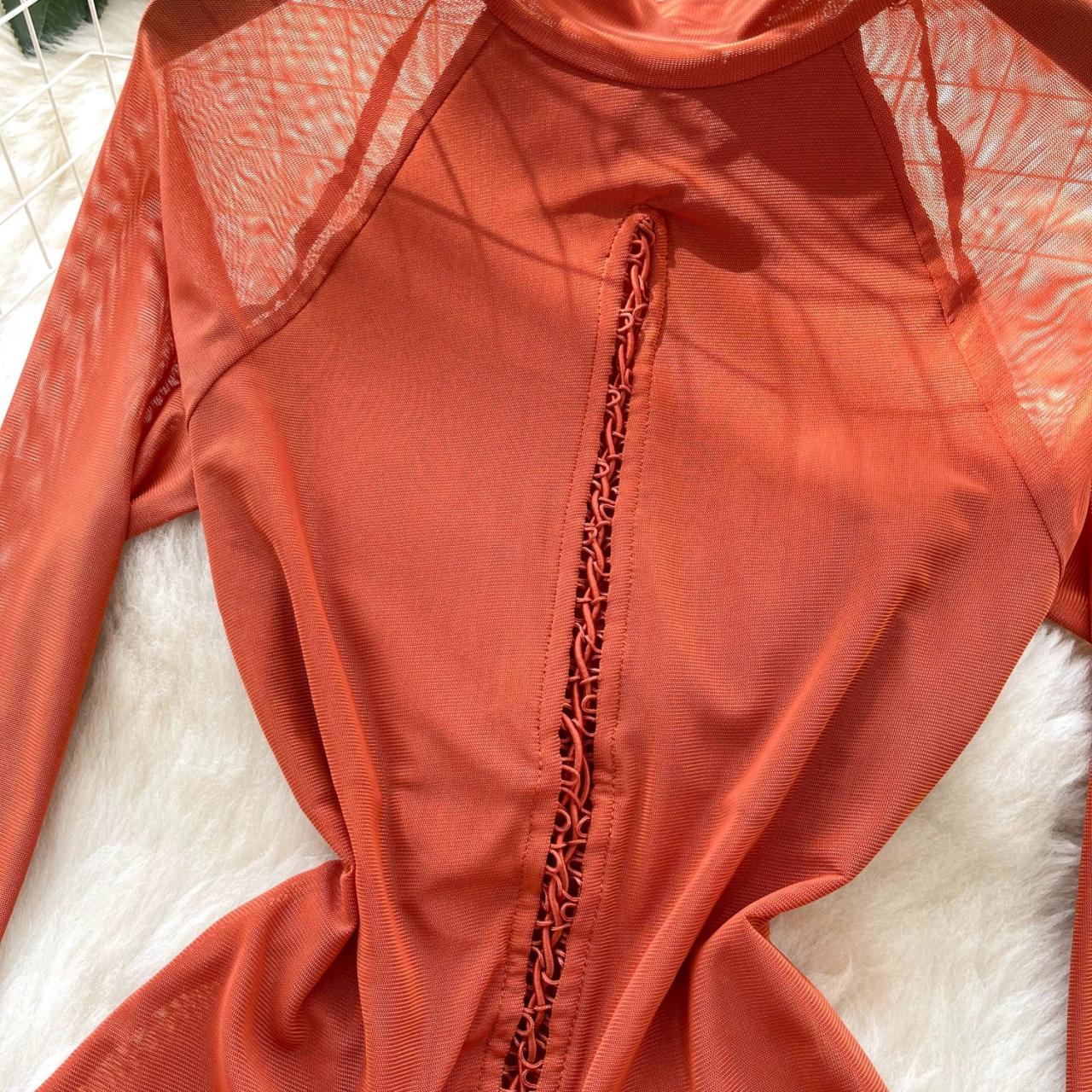 mesh insert skater dress Long-sleeve Orange Mesh Insert Skater Dress