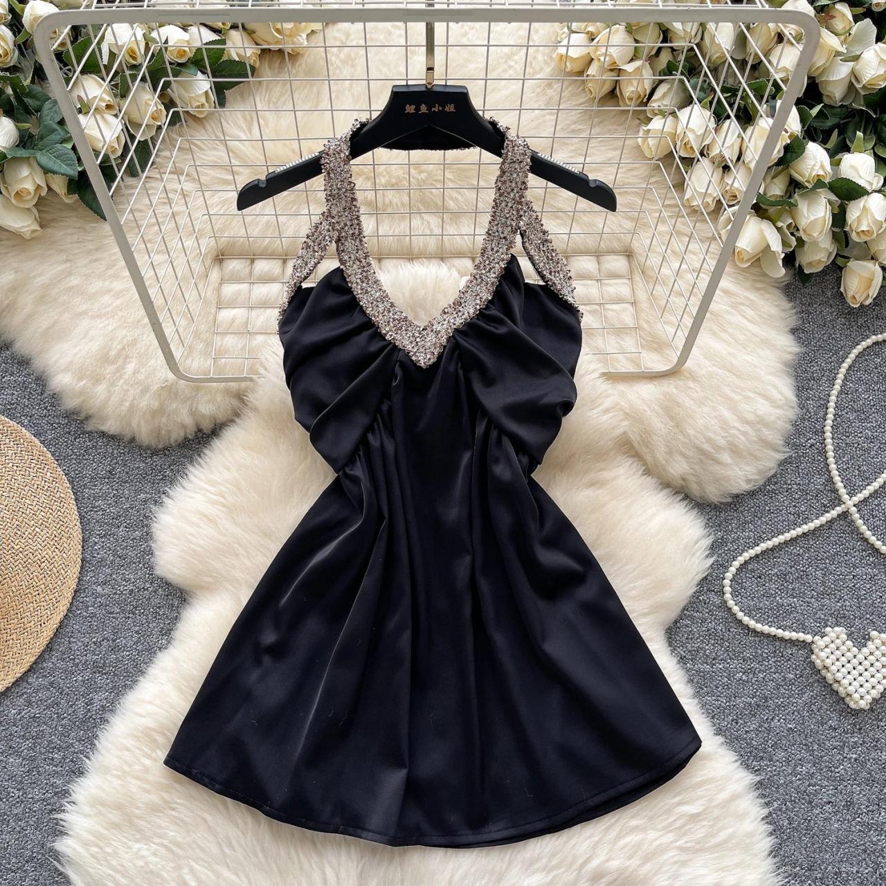 black satin dress with diamond straps Maelia | Black Satin Cowl-Neck Maxi Dress With Diamante Straps