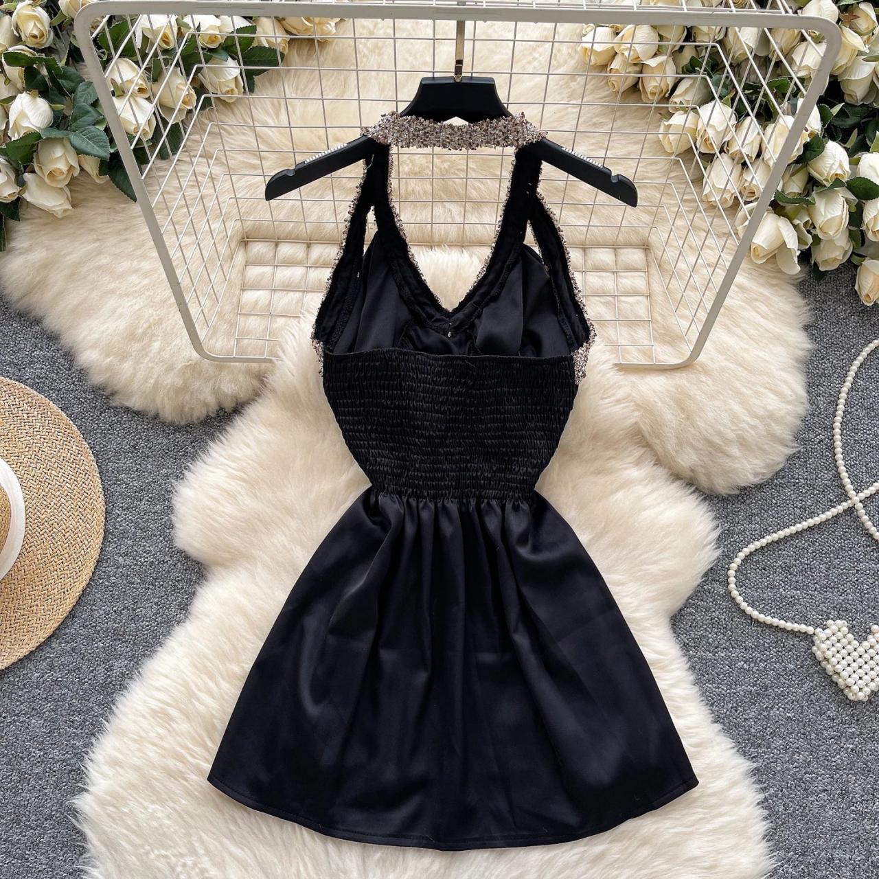 black silk dress with diamond straps Black Ruched Maxi Dress With Slit And Rhinestone Straps