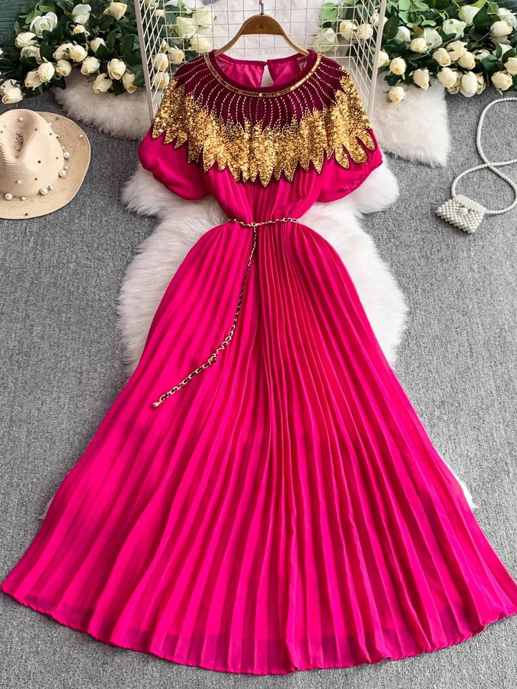 pleated dresses and embroidery Women Flowers Embroidery High Waist Pleated A-line Gown Summer Beach Slip  Dress