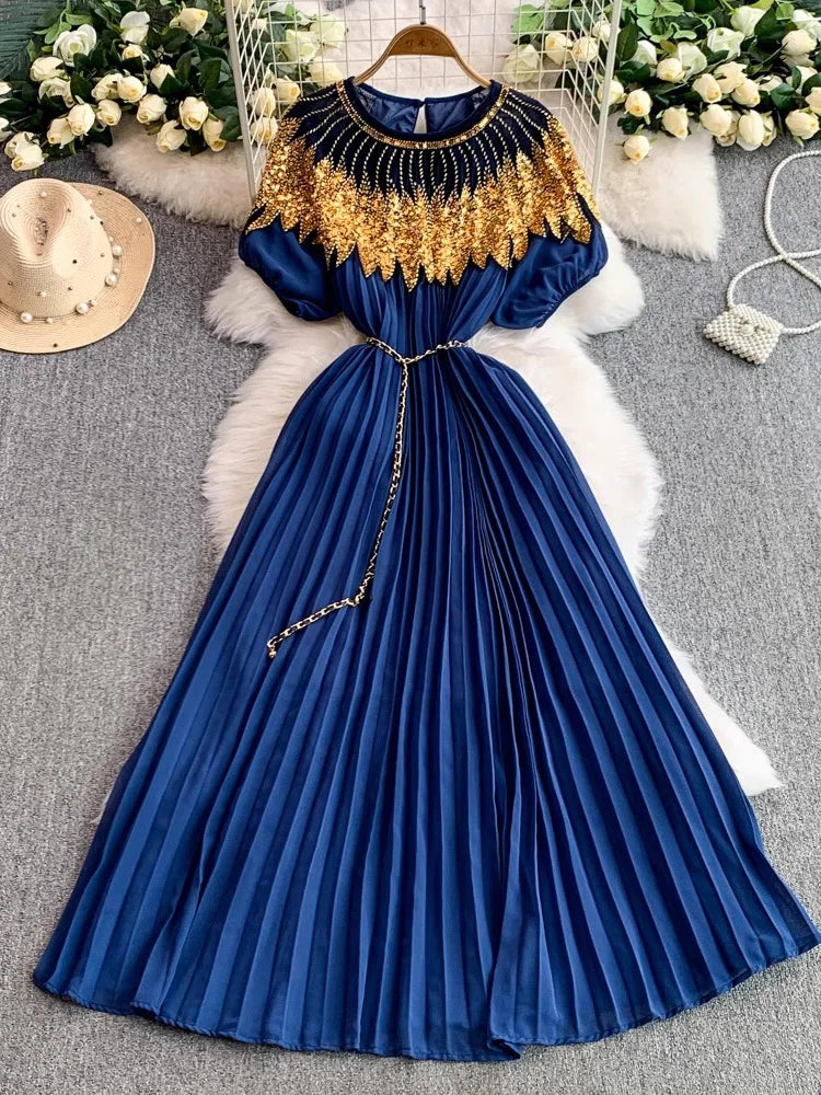 pleated dresses and embroidery Lace Bodice Pleated Dress with Beaded Embroidery Nude / FR 52