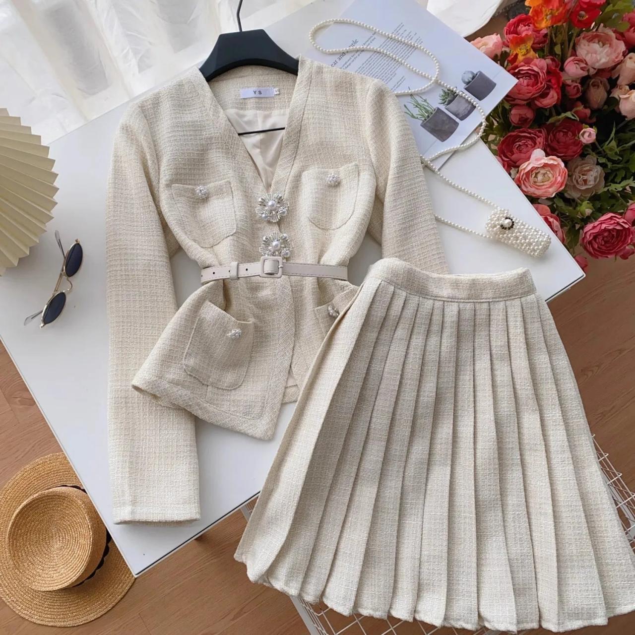 Womens Beige Belted Tweed Blazer Skirt Outfit