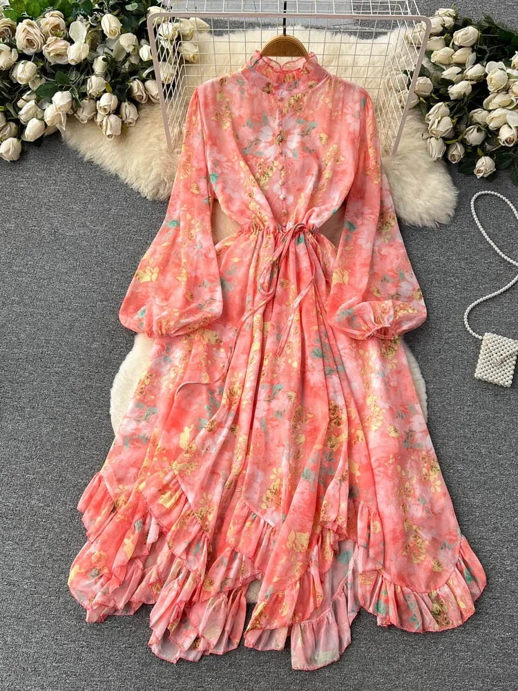 Floral Chiffon Maxi Dress With Puff Sleeves on Luulla