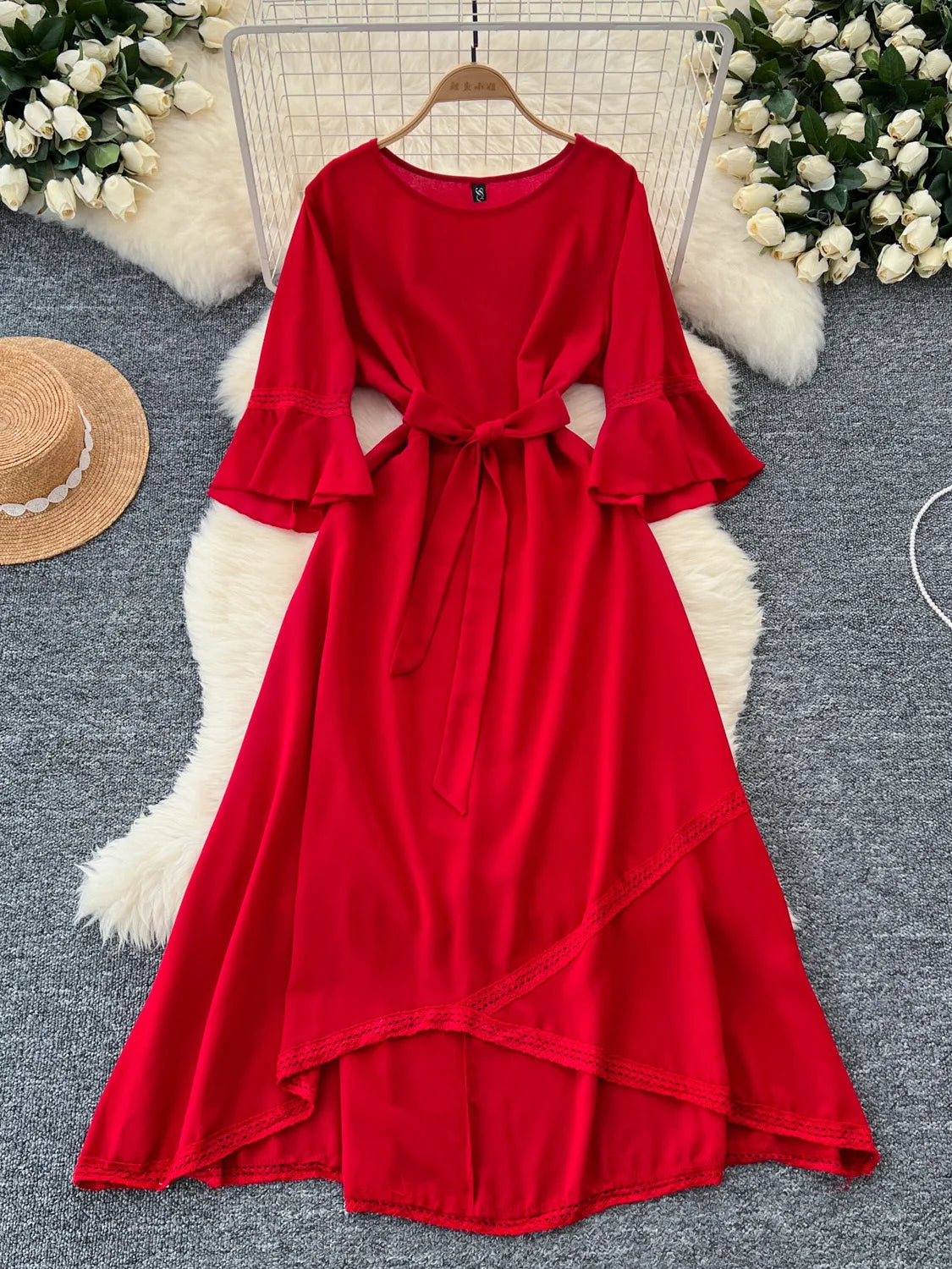 Flowy Red Dress With Ruffled Sleeves Belted