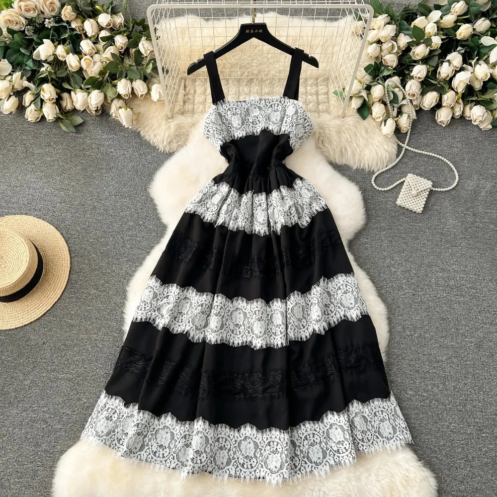 Black Lace Striped Maxi Dress With Straps