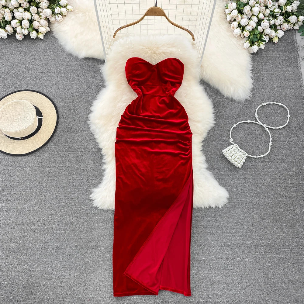 Strapless Red Velvet Dress With Ruched Design on Luulla