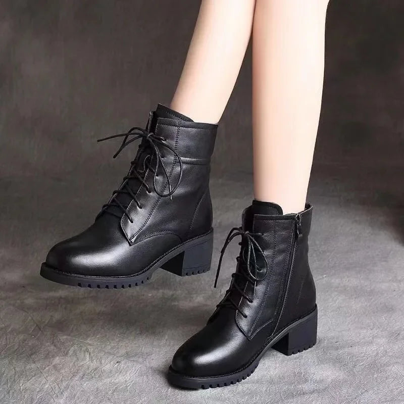 Womens Black Lace-up Ankle Boots With Heel