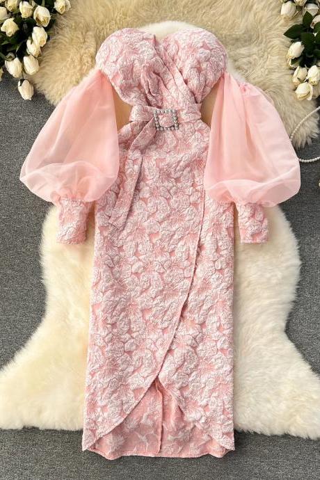 chinese dress ladies Pink Tailored Lace Midi Dress