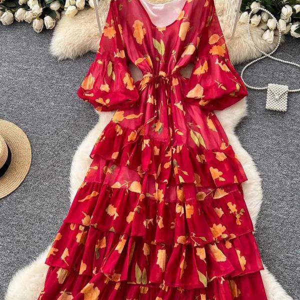 red chiffon ruffle layer maxi dress Elenzga Women's Elegant Summer Rose Red Chiffon Maxi Dress,Party Vacation  Mandarin Collar Sleeveless Waist Gathered Layered Ruffle Hem Crinkle Fabric