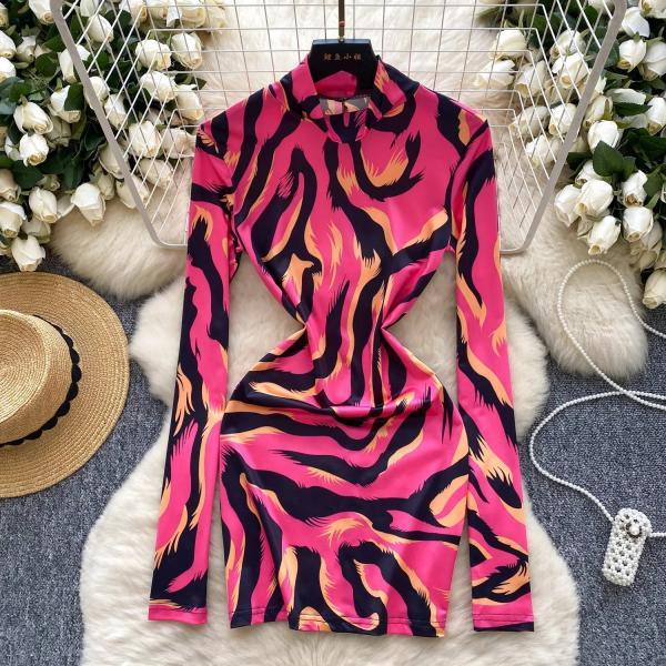 Vibrant Pink Tiger Print Long Sleeve Dress on Luulla